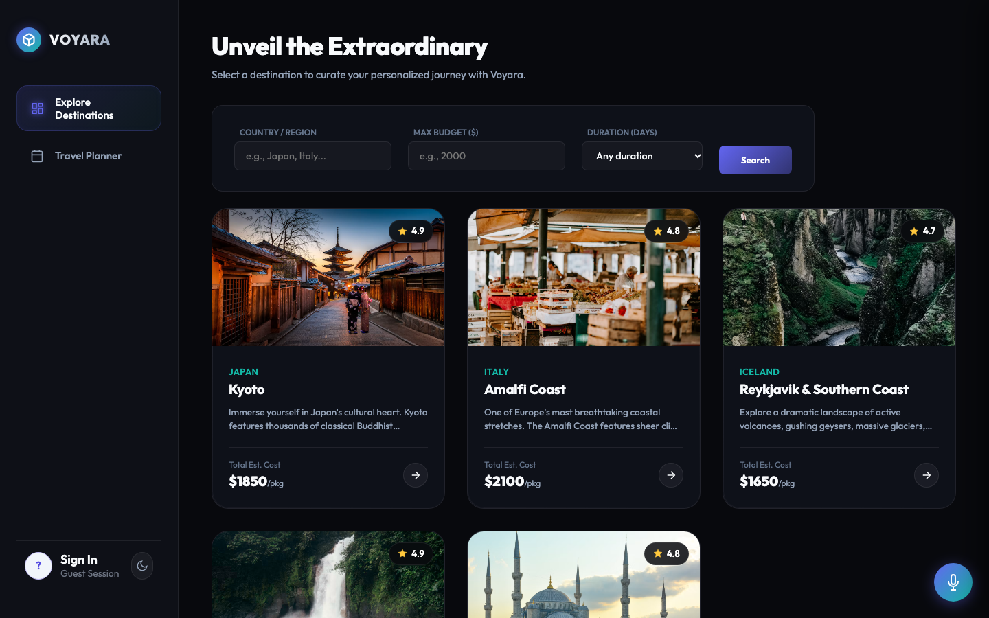 Voyara live web application interface screenshot