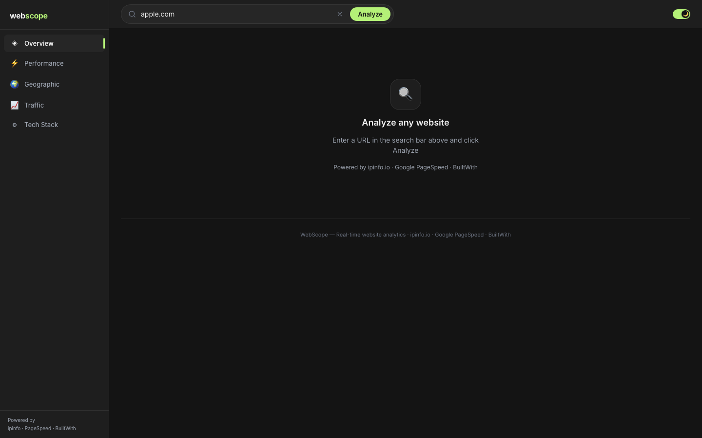 WebScope live web application interface screenshot