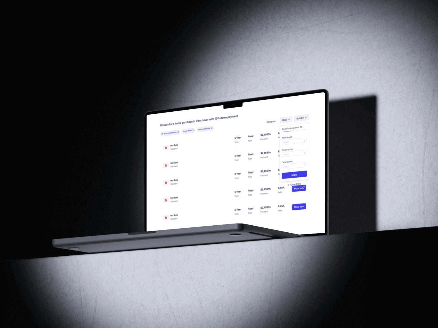 Rate Filter comparison table showing side-by-side fixed mortgage rates, monthly payments, and filter popover.
