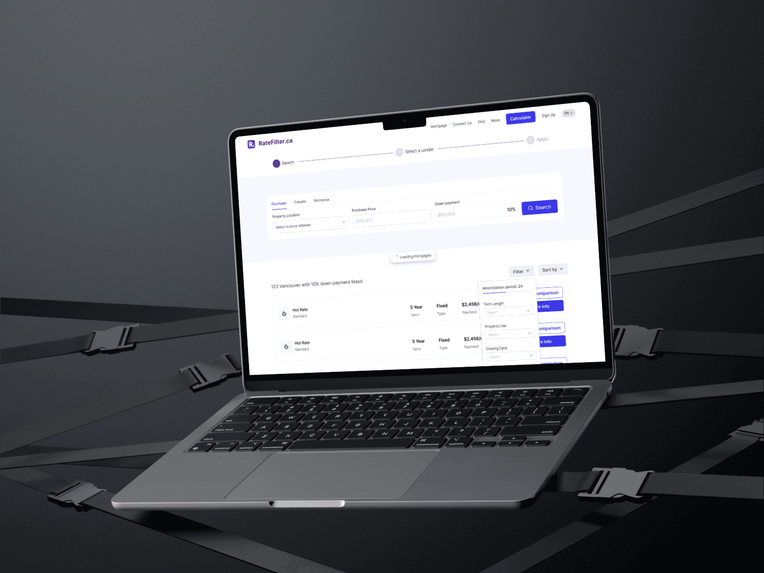 Rate Filter 3-step guided mortgage search flow from Search to Select a Lender and Apply.