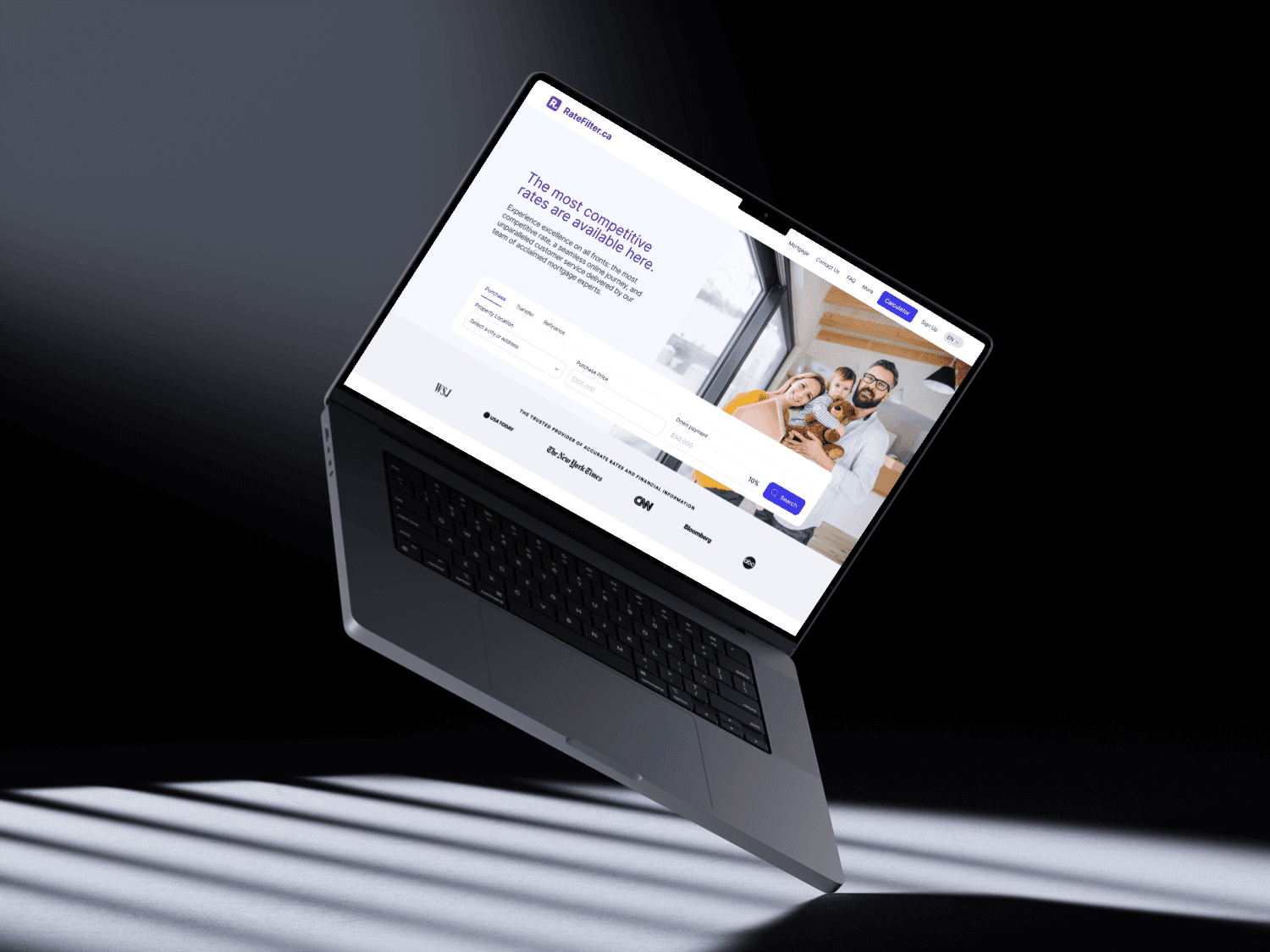 Rate Filter web platform on a laptop showing mortgage rate search and lender comparison filters.
